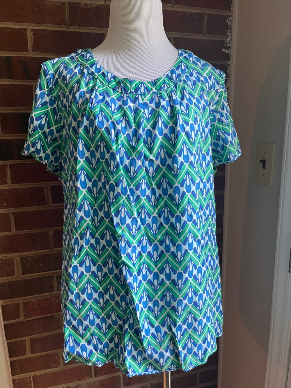 Boden Blue & Green Patterned Short-Sleeve Scoop Neck Top